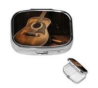 Old west Guitar Pill Case with Mirror Retro 2 Compartment Pill Box Small Pill Organizer for Purse or Pocket Decorative Metal Medicine Vitamin Organizer Unique Gifts