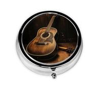 Old west Guitar Pill Case with Mirror Retro 3 Compartment Pill Box Small Pill Organizer for Purse or Pocket Decorative Metal Medicine Vitamin Organizer Unique Gifts