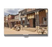 Old Wild West Cowboy Town Business Card Holder,Compact Durable Portable Card Box Flip Cover Tear Lightweight Business Cards Case for Man Woman