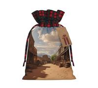 Old Wild West Cowboy Town Christmas Gift Bags with Tags & Ribbon Ties, Xmas Drawstring Candy Treat Bag Buffalo Plaid Christmas Gifts Sacks Reusable Gift Wrapping Bags for Holiday Party Favors Small
