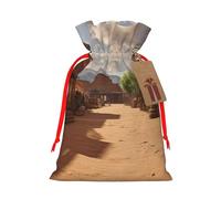 Old Wild West Cowboy Town Christmas Gift Bags with Tags & Ribbon Ties, Xmas Drawstring Candy Treat Bag Christmas Gifts Sacks Reusable Gift Wrapping Bags for Holiday Party Favors Small