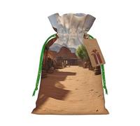 Old Wild West Cowboy Town Christmas Gift Bags with Tags & Ribbon Ties, Xmas Drawstring Candy Treat Bag Christmas Gifts Sacks Reusable Gift Wrapping Bags for Holiday Party Favors Small