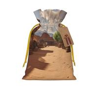 Old Wild West Cowboy Town Christmas Gift Bags with Tags & Ribbon Ties, Xmas Drawstring Candy Treat Bag Christmas Gifts Sacks Reusable Gift Wrapping Bags for Holiday Party Favors Medium