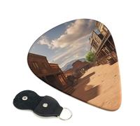 Old Wild West Cowboy Town Guitar Picks 6 Pcs, 0.71mm Thickness Celluloid Plectrum with Leather Picks Holder, Personalized Guitar Pick for Bass Electric Acoustic Guitars Lovers Gift