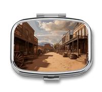 Old Wild West Cowboy Town Pill Box 2 Compartment - Small Metal Medicine Organizer Portable Pill Case for Purse Pocket Travel Vitamin Organizer for Men Women, BPA-Free