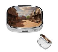 Old Wild West Cowboy Town Pill Box 2 Compartment Square Portable Pill Case for Pocket or Purse Small Weekly Medicine Planner Travel Pillbox with Mirror Decorative Metal Vitamin Holder Gifts