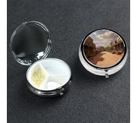 Old Wild West Cowboy Town Pill Box 3 Compartment Round Portable Pill Case for Pocket or Purse Small Weekly Medicine Planner Travel Pillbox with Mirror Decorative Metal Vitamin Holder Gifts
