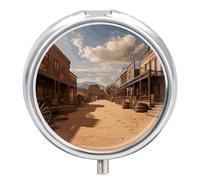 Old Wild West Cowboy Town Pill Box - 3 Compartment Travel Pill Organizer with Small Mirror, Portable Pillcase for Pocket & Purse, Cute Round Medicine Case, Weekly Medicine Container