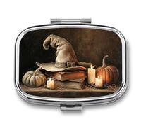 Old Witch's Hat and Magic Books Pill Box 2 Compartment Portable Medicine Pill Case Travel Pill Organizer for Pocket Purse
