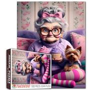 Old Woman and Little Dog Jigsaw Puzzles 1000 Pieces for Adults Grandma Eats Dessert Bowknot Puzzles Intellectual Decompressing Fun Family Game Birthday Party Toy for Men Women Stress Relief Toys