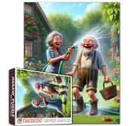 Old Woman and Man Play with Water Jigsaw Puzzle 1000 Pieces for Adults Water Gun Flower Old Couple Soft and Sweet Puzzle Challenging Family Activity Games Intellectual Decompressing Family Game