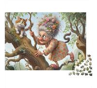 Old Woman Climbing Tree Premium 1000 Piece Jigsaw Puzzle for AdultsWhimsical Old Lady with Cat on Tree Branch Sturdy Vibrant Challenging Hard Stress Relief 38x26cm/1000pcs