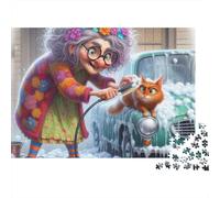 Old Woman Washing Car with Cat 1000pc Heavy-duty Cardboard Puzzle for Adults Brain Teaser Lovers Team Building Holiday Pastime Collectible Item Missing Piece Guarantee 70x50cm/1000pcs