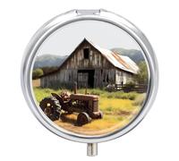 Old Wooden Barn Tractor Pill Box 3 Compartment Small Pill Case with Mirror for Purse & Pocket Travel Medicine Organizer Daily Medication Container Portable Pillbox Metal Medicine Box Round Meds Case