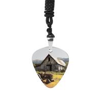 Old Wooden Barn with Rusted Tractor Guitar Pick Necklace Exquisite Titanium Steel Personalized Necklaces Cool Pendant Necklaces Fashion Guitar Pick Holder Necklace Unique Gifts for Adult