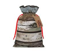 Old Wooden Board Printed Christmas Drawstring Bags Reusable Xmas Bag for Party Xmas Gift Wrapping, Red Ribbon, S
