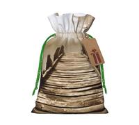 Old Wooden bridge Printed Christmas Drawstring Bags Reusable Xmas Bag for Party Xmas Gift Wrapping, Green Ribbon, M