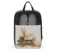 Old Wooden Cart with Wheat and Pumpkins Shoe Bag for Travel Daily Use Anti-dust Storage Carrier Golf Shoe Pouch