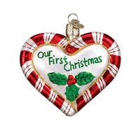 Old World Christmas Peppermint Heart Our First Christmas Glass Blown Ornament for Christmas Tree, Handcrafted Holiday Decoration, Marriage Collection