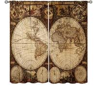 Old World Map Curtains, Vintage Map Nostalgia Style Art Themed Blackout Window Curtains, Bedroom Living Room Rod Pocket Design, 2 Sets of Panels, 63x72 in. Brown