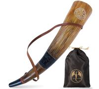 OldEmperor Viking War Blue Horn | 18 inch Genuine Ox The Fighting Stocking with Leather Strap - Hand Engraved | Simple and Clear Sound | Viking Gift for Men and Women