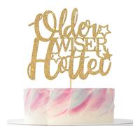 Older Wiser Hotter Cake Topper, Gold Glitter Funny Birthday Cake Decoration for Women/Men 30th 40th 50th 60th 70th 80th 101st Birthday Party Decorations Sign Gift