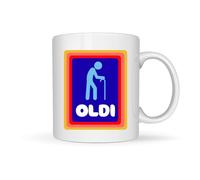 Oldi Man Mug - A Novelty Funny Old Age Coffee Mug Featuring Walking Cane Design, Large 11oz White Ceramic Mug with Heavy Duty Handle, Perfect for Birthdays, Retirement & Funny Gift Occasions