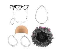 Oldlady Costume Set - Lady Granny Dress, Day School Grandma Outfit | Wig Glasses Necklace Set, Cosplay Lady Granny Gray Wig Accessories, OldLady Costume For Grandma Cosplays Elderly Cosplay Party