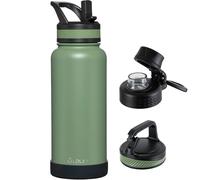 OLDLEY 1L Insulated Stainless Steel Water Bottle with Straw, Leakproof 1000ml Metal Water Bottles with 3 Lids & Handle, Double-Walled Vacuum Flask Keep Hot and Cold for Sports, Travel (Army Green)