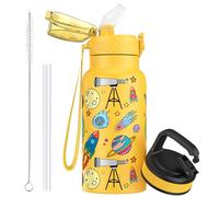 OLDLEY 500ml/17oz Kids Stainless Steel Insulated Water Bottle with Straw Double Wall Metal Vacuum Leakproof Small Flask with 2 Different Lids Hot Cold Drinks for Boys Girls Children (Yellow Universe)