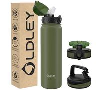 OLDLEY Stainless Steel Water Bottle with Straw 1L Vaccum Insulated Large Drink Flask Metal Water Bottles 1 Litre Leakproof Keep Drinks Hot Cold for Sports Travel Gym with Different Lids(Olive, 3 Lids)