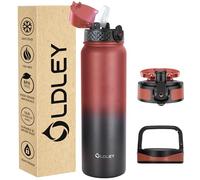 OLDLEY Stainless Steel Water Bottle with Straw 1L Vaccum Insulated Large Drink Flask Metal Water Bottles 1 Litre Leakproof Keep Drinks Hot Cold for Sports Gym with Different Lids(Red Black, 3 Lids)