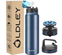 OLDLEY Stainless Steel Water Bottle with Straw 1L Vaccum Insulated Large Drink Flask Metal Water Bottles 1 Litre Leakproof Keep Drinks Hot Cold for Sports Gym with Different Lids(Navy Blue, 3 Lids)
