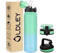 OLDLEY Stainless Steel Water Bottle with Straw 1L Vaccum Insulated Large Drink Flask Metal Water Bottles 1 Litre Leakproof Keep Drinks Hot Cold for Sports Gym with Different Lids(Leaf Blue, 3 Lids)