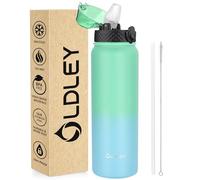 OLDLEY Stainless Steel Water Bottle with Straw 1L Vaccum Insulated Large Drink Flask Metal Water Bottles 1 Litre Leakproof Keep Drinks Hot Cold for Sports Bike Gym Adult Women Men(Leaf Blue, 1 Lid)