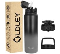 OLDLEY Stainless Steel Water Bottle with Straw 1L Vaccum Insulated Large Drink Flask Metal Water Bottles 1 Litre Leakproof Keep Drinks Hot Cold for Sports Gym with Different Lids(Black Grey, 3 Lids)
