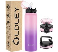 OLDLEY Stainless Steel Water Bottle with Straw 1L Vaccum Insulated Large Drink Flask Metal Water Bottles 1 litre Leakproof Keep Drinks Hot Cold for Sports Gym with Different Lids(Pink Purple, 3 Lids)