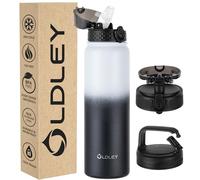 OLDLEY Stainless Steel Water Bottle with Straw 1L Vaccum Insulated Large Drink Flask Metal Water Bottles 1 Litre Leakproof Keep Drinks Hot Cold for Sports Gym with Different Lids(White Black, 3 Lids)