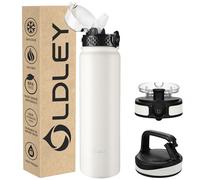 OLDLEY Stainless Steel Water Bottle with Straw 1L Vaccum Insulated Large Drink Flask Metal Water Bottles 1 Litre Leakproof Keep Drinks Hot Cold for Bike Sports Gym with Different Lids(Cream, 3 Lids)