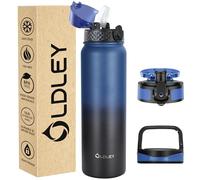 OLDLEY Stainless Steel Water Bottle with Straw 1L Vaccum Insulated Large Drink Flask Metal Water Bottles 1 Litre Leakproof Keep Drinks Hot Cold for Sports Gym with Different Lids(Blue Black, 3 Lids)