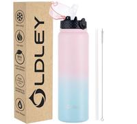 OLDLEY Stainless Steel Water Bottle with Straw 1L Vaccum Insulated Large Drink Flask Metal Water Bottles 1 Litre Leakproof Keep Drinks Hot Cold for Bike Camping Sports Gym(Pink Blue, 1 Lid)