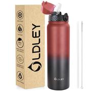 OLDLEY Stainless Steel Water Bottle with Straw 1L Vaccum Insulated Large Drink Flask Metal Water Bottles 1 Litre Leakproof Keep Drinks Hot Cold for Sports Gym Travel Adult Women Men(Red Black, 1 Lid)