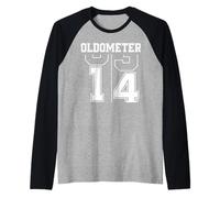 Oldometer 13-14 14th Birthday Sport Text 14 Year Old Raglan Baseball Tee