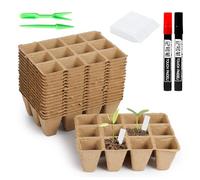 OldPAPA 20 Pack 240 Cells Square Seed Trays Biodegradable Fibre Pots, Reusable and Biodegradable Seed Trays Plus 100 Plastic Plant Labels and Transplanting Digging Tools 2 Marking Pens