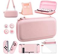 OLDZHU Pink Travel Carrying Case Accessories Kit Compatible With Nintendo Switch - 10 in 1 Essential Protection Kits with Hard Protective Cover,Glass Screen Protector,Adjustable Stand,Thumb Grip Caps