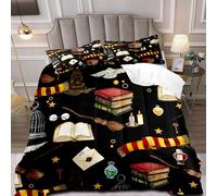 OLEBETY 3 Pieces Magic Black Comforter Set Queen Size, Magical Witchy Bedding Set, Halloween Quilt, Spell Book Wizard Witch Hat Owl Scarf Broom Potion Teen Boys Girls Kids Bedroom Decor, 2 Pillowcases