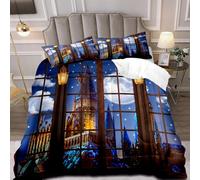 OLEBETY 3 Pieces Magic Castle Blue Comforter Set Full Size, Witchy Bedding Set, Magical Quilt, Haunted Mansion Mysterious Wizard Witch Full Moon Fairy Tale Castle Kids Bedroom Decor, 2 Pillowcases