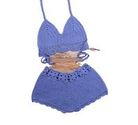 OLEETS Womens Crochet Bikini Set - Sexy Handmade Knitted Hollow Two Piece Swimsuit Summer Sling Swimwear Solid Color V Neck Fashion Beachwear,Blue,S