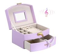 OLegei Musical Trinket Box, Pu Leather Jewelry Storage Organizer with Drawer & Mirror for Necklaces, Rings, Earrings, 2 Layer Music Keepsake Jewellery Box, Purple