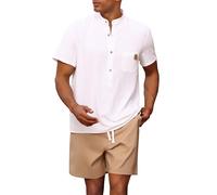 OLEMEK Men's Casual 2 Pieces Outfits Band Collar Short Sleeve Button Down Shirt and Drawstring Shorts Set, White + Khaki, XX-L